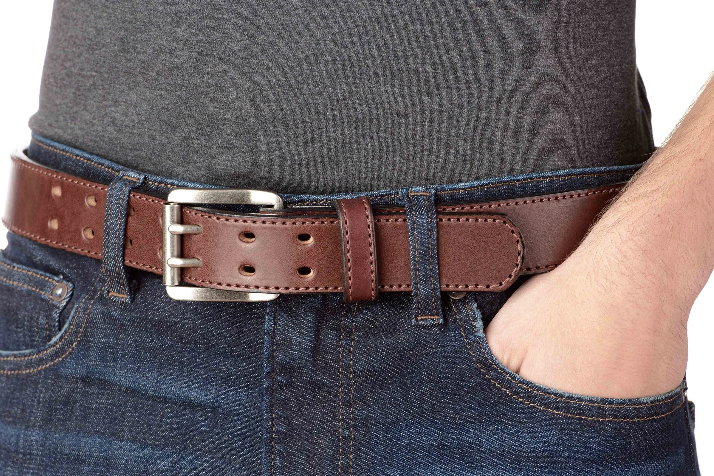 The Viper: Men's Brown Stitched Leather Belt With Double Prong Nickel Buckle - 1.50" Max
